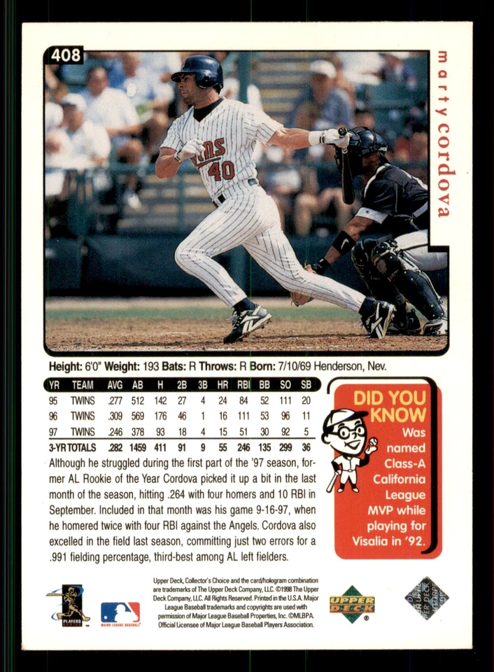 1998 Collector's Choice Marty Cordova #408  Minnesota Twins - Image 2 of 2