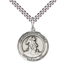 Medium Medium Pewter Guardian Angel Medal 24" Lobster Claw Chain Necklace w/ Box