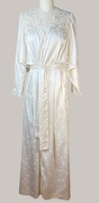 Vintage 80s Natori Ivory Satin Jacquard Lace Kimono Robe Long M Bridal