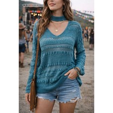 Soho Jeans Teal Open Knit Choker Sweater Size M Boho Festival Long Sleeve