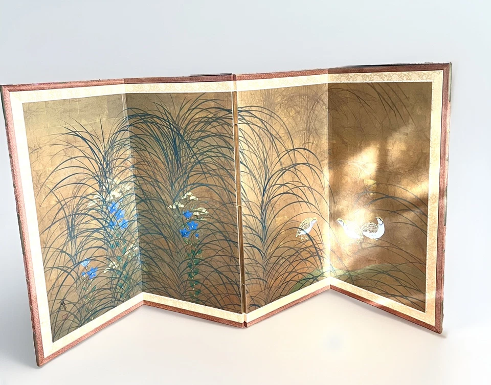 Vintage Oriental 4 Panel Screen Japan Gold Birds Flowers Signed Artist Made - Image 2 of 4