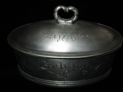 Alte Dose Gebäckdose aus Zinn CFB, Gravur 1770 Gebäck Ranken, Vintage Nostalgie