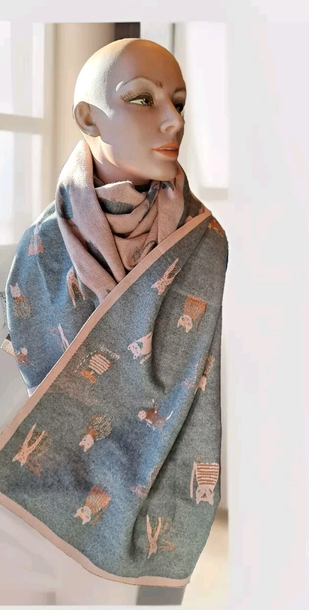 Large Cat Scarf Pashima Beautiful Pink & Gray Cat Scarf Reversible Soft 25x76