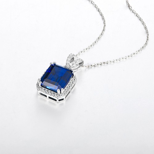 14K White Gold Plated Silver Necklace 7.45 TCW Lab Grown Sapphire (Blue, VS) - Picture 4 of 8