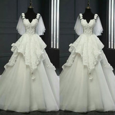 Vintage Wedding Dresses Short Sleeves Lace Appliques Floor Length Bridal Gowns 