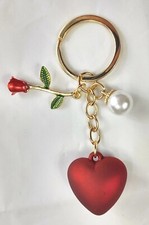 Red Heart Faux Pearl Red Rose Gold Tone Keychain Keyring Love Elegant