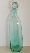 Blenko Hand Blown Don Shepherd Facet Line Decanter Sea Green Clear Stopper 18"