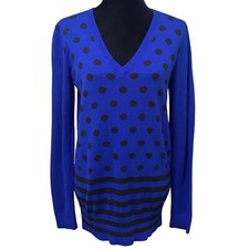 Loft Blue Polka Dot Stripe Wool Blend Sweater Medium NWT V-Neck Retro Style