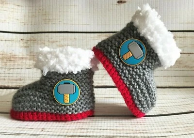 HANDMADE BY FUNKY KNITS Baby Boy Hand Knitted Crochet Booties Boots Thor Norse Hammer Superhero 0-12M