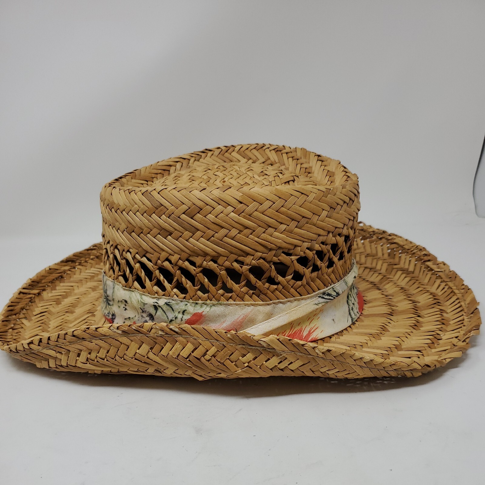 Vintage Straw Hat Tropical Fedora With Orange White H… Gem