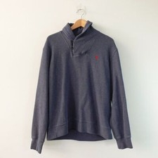 Polo Ralph Lauren Sweater Large Blue Navy Shawl Pullover Button Roll Neck Cotton