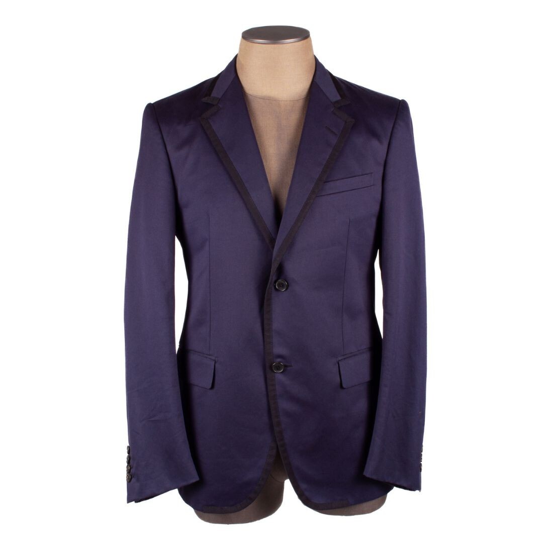 LANVIN Dark Blue Cotton Blend Blazer with Black Grosgrain Trim Size 50