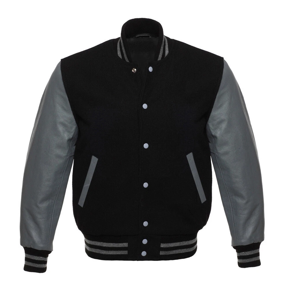 Men's Letterman Basketball Varsity Jacket Black Wool Grey Leather Sleeves Jacket