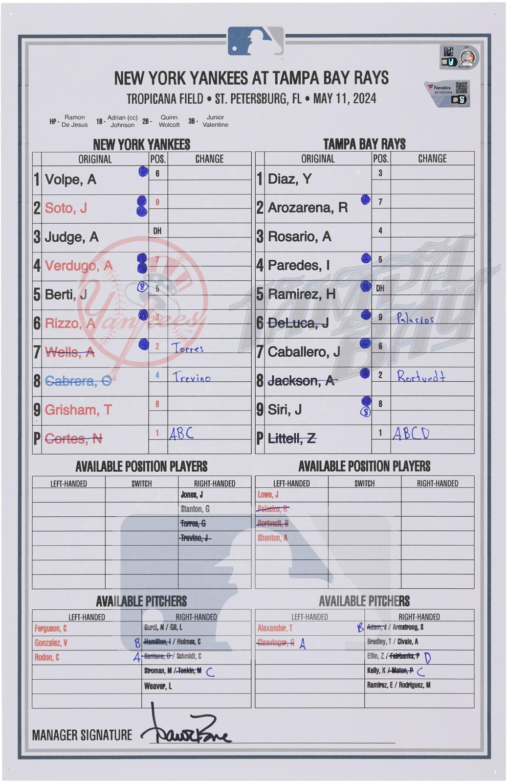 New York Yankees Game-Used Lineup Card vs. Tampa Bay Rays on May 11, 2024