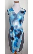 Tahari Blue & Gray Sleeveless V-Neck Scuba Sheath Dress, Watercolor Print, SZ 8