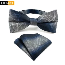 Mens Pre-Tied adjustable Bow Tie Striped Gray Blue Silk Bowtie Hanky Party