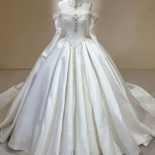 Princess Satin Wedding Dresses Off Shoulder Long Sleeve Beaded Bridal Ball Gown