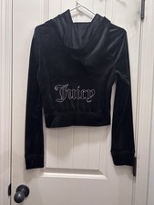 NWT Juicy Couture Size M Full Zip Hooded Track Jacket Velour Bling Black Y2K