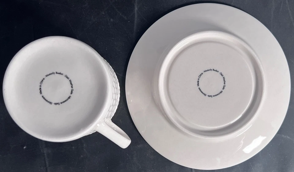 Taza de café plana y platillo Oneida Westerly Basket Weave clásico blanco 2003-12 Foto 4 de 4