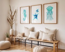 Colourful Prints | Seahorse Starfish Jellyfish Coastal Wall Art Set Nursery (Set