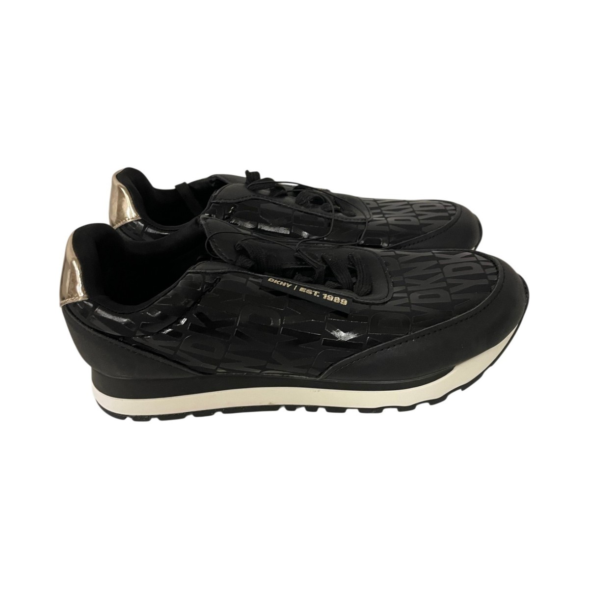 DKNY Trainers Jahari Tennis Black Gold Spellout Logo Lace Up