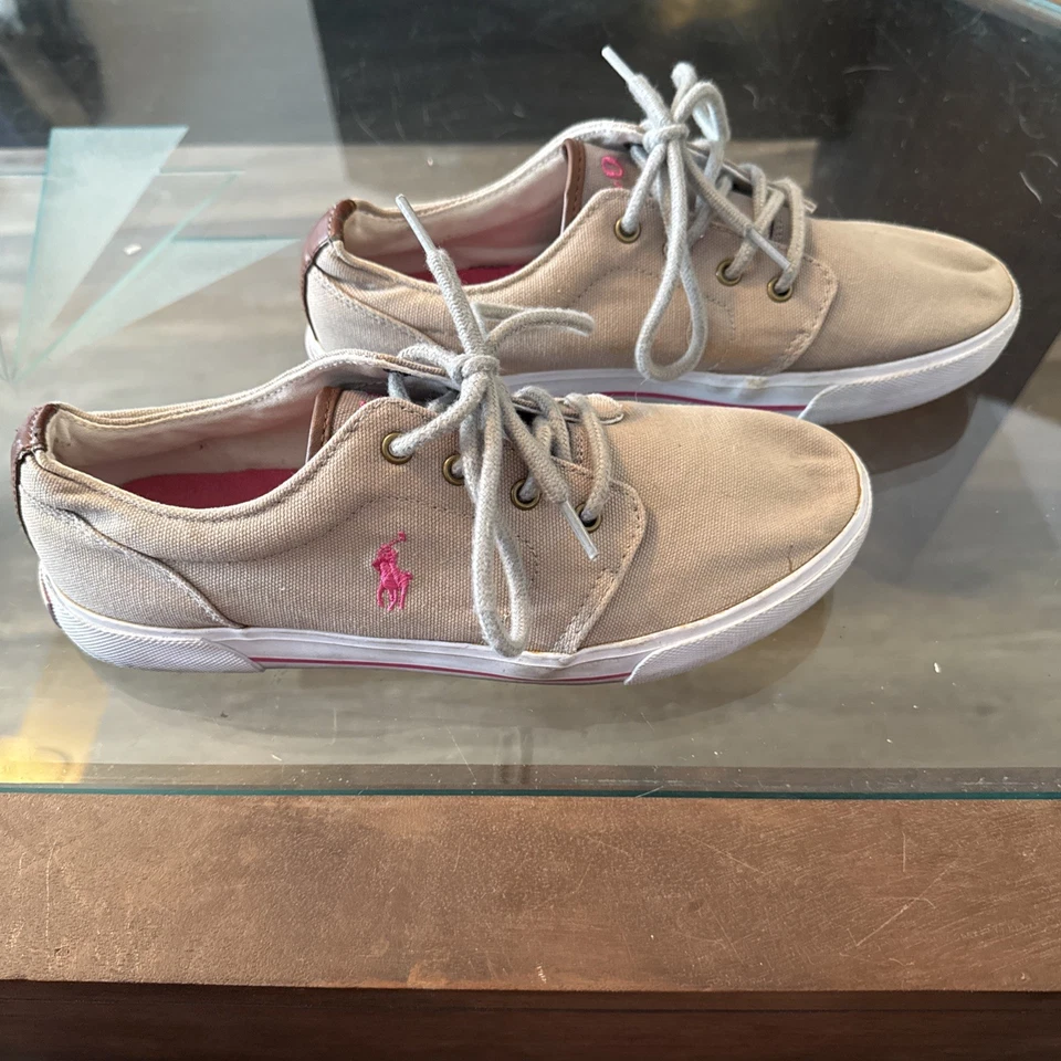 Polo Ralph Lauren Zapatos 5.5 Hugo II Informales Tenis Marrón Lona Parte Superior Baja Rosa Foto 2 de 4