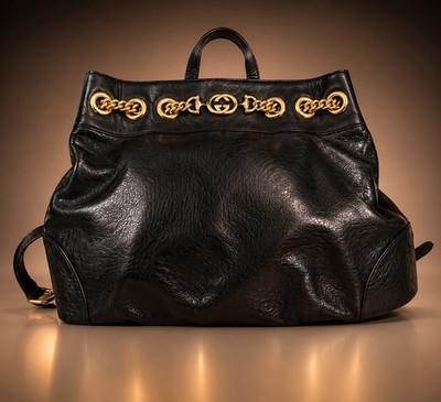 New Gucci Calf Skin Leather Black Backpack w/ Chain & Gold Hardware