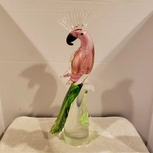 Vintage Venetian Pink GoldFleck Murano Art Glass Parrot Cockatoo Bird Italy 16in