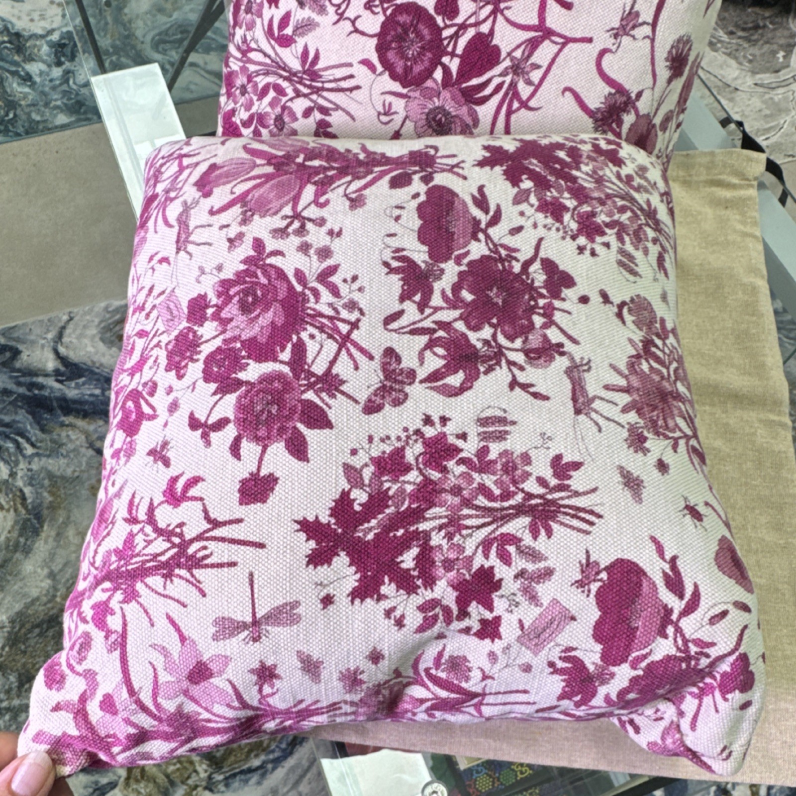 Gucci Pink Purple White Floral Decorative Square Throw Pillow with Zip Closure thumbnail 9