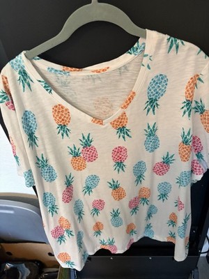 Women s Plus 3XL White Tropical Pineapple V-Neck Crop Short Sleeve T-Shirt