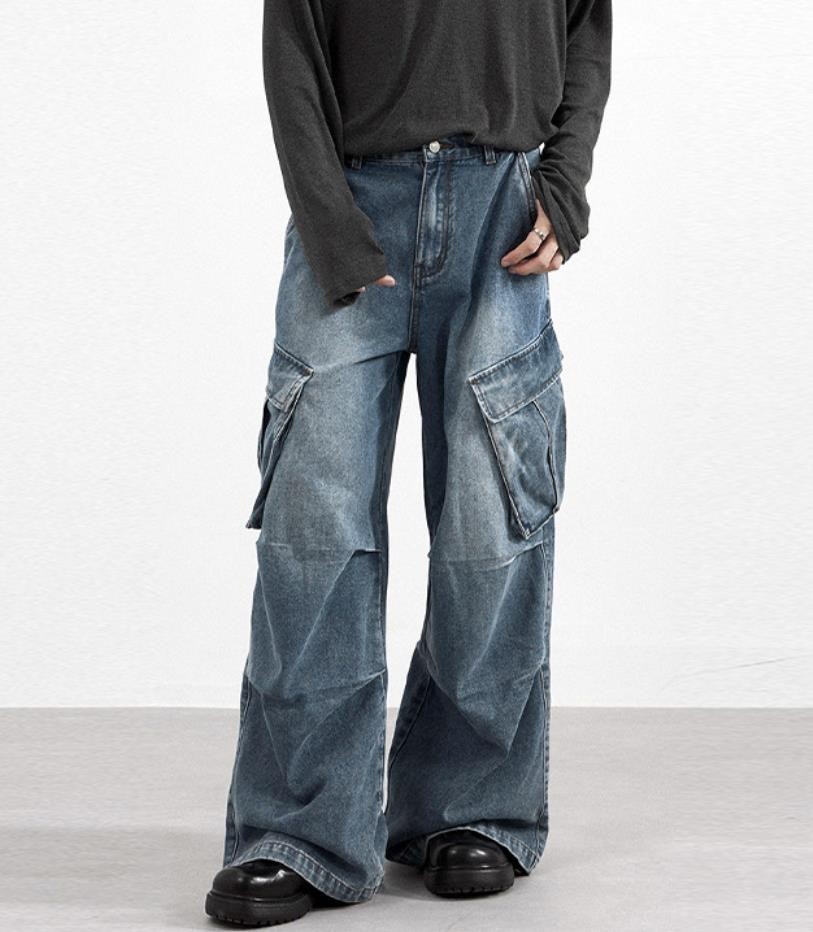 Men's Blue Denim Straight Leg Cargo Big Pockets Punk Hip Hop Trousers Pants New