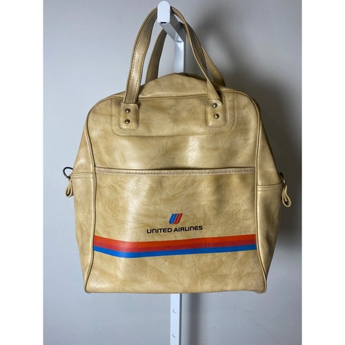 Vintage United Airlines Flight Bag Tan Vinyl Carry On Travel Tote Retro Stripe
