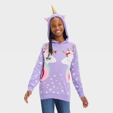 Girls Holiday Unicorn Stars Sparkles Christmas Hoodie Sweater X-Large Sz Purple