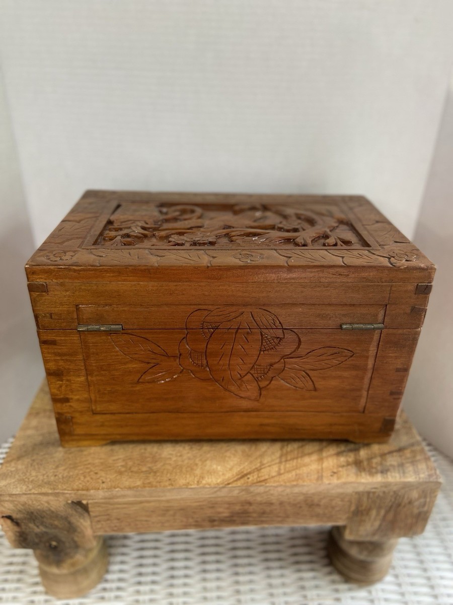 Vintage Asian Hand Carved Camphor Wood Box Chest Bird Woodlands