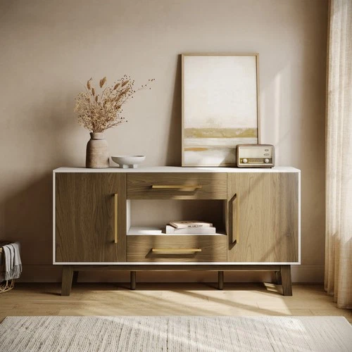 Mid-Century Modern Sideboard with Drawers and Enclosed Cabinets, Dark Walnut