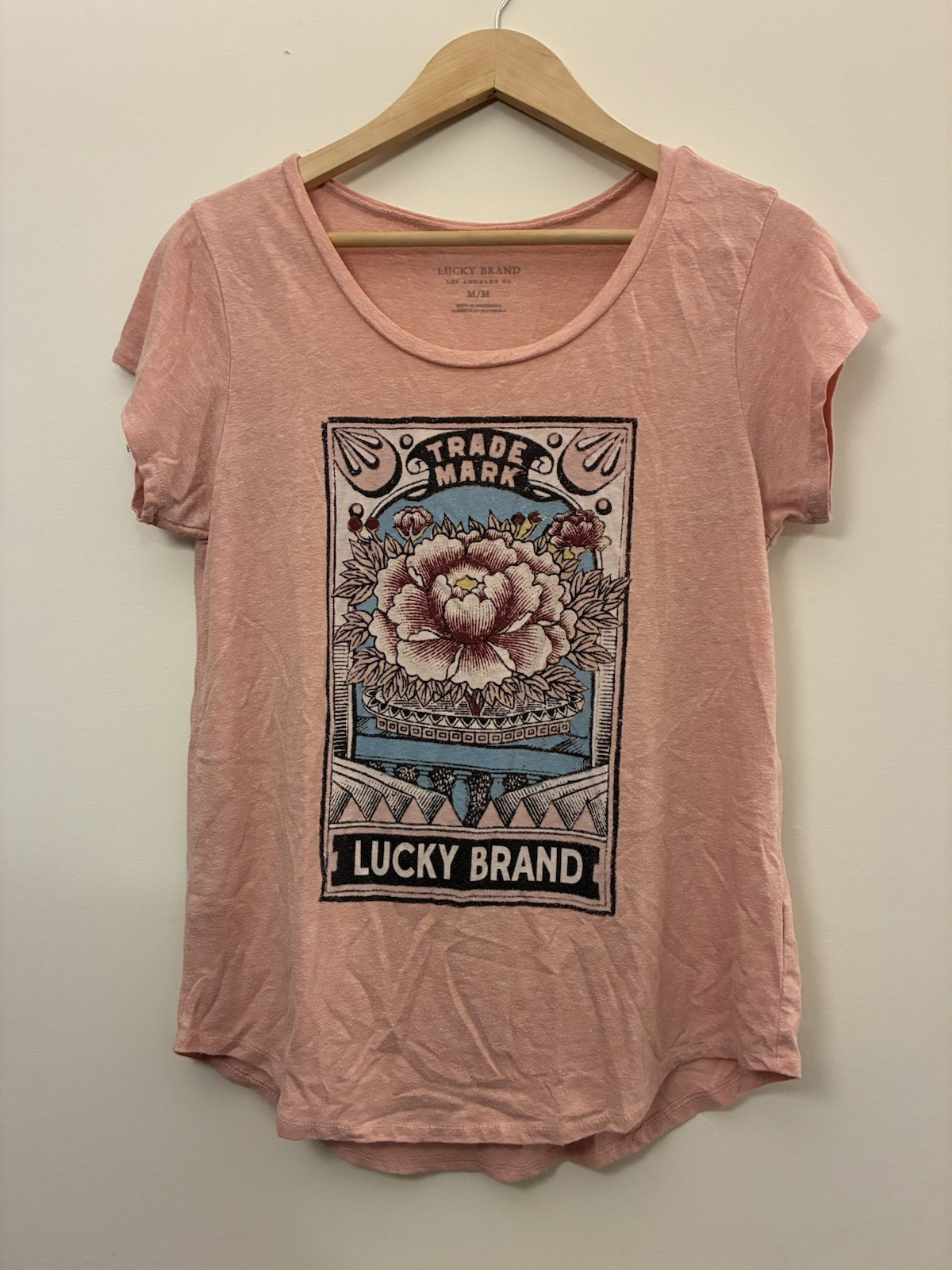 Lucky Brand Women's Floral Sheer Polyester Blend Short Sleeve Shirt Peach Pink M
