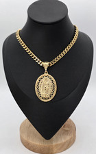 Large Gold Virgin Mary Necklace 7mm Cuban Chain, 14k Heavy Plated, Oval Pendant