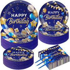 50 Guest Blue  Gold Birthday Party Plates, Napkins  Tableware Set - 200 PCS