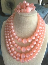 Vintage Pink Moonglow 4 Strand Lucite Bead Necklace & Matching Brooch Set