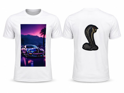 Men's Double-Sided Cars & Snake Graphic T-Shirt M White Crew Neck Short Sleeve