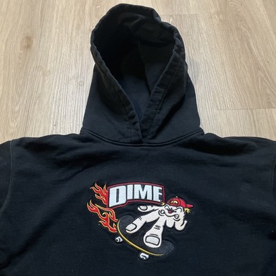DIME Hoodie Men's Medium Black Skateboard Flames Embroidered