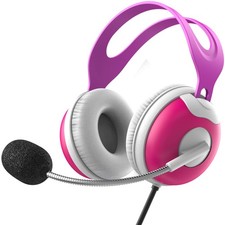 Kids Headphones Microphone Over Ear Headset Boom Mic Volume Pink