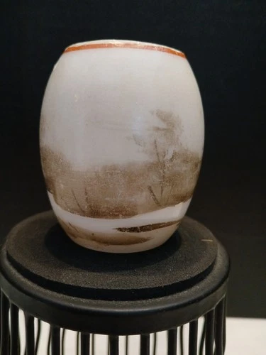 EAPG MILK GLASS TOOTHPICK HOLDER WITH COUNTRY SCENE.