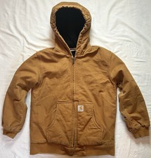 Carhartt Youth Jacket Large 14-16 Canvas Hood Quilted Insulated Brown Workwear