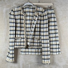 St John Collection Knit Blazer Skirt Suit Yellow Black White Plaid Fringe Size 8