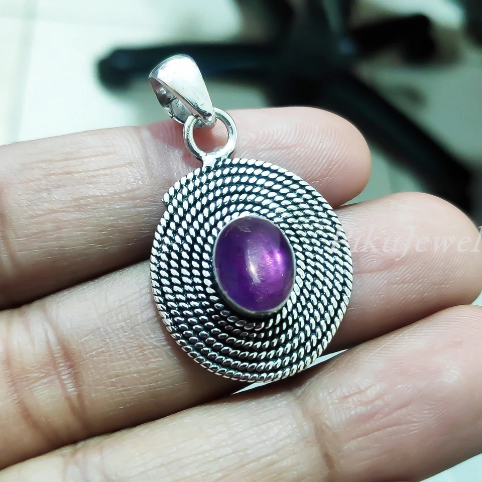 Joyería de piedras preciosas ovaladas de amatista púrpura colgante hecho a mano de plata de ley 925/p-422 Foto 4 de 4