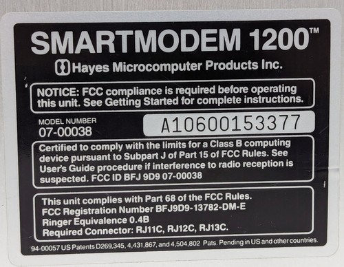 Vintage Hayes Microcomputer SmartModem 1200 Model 07-00038 w/OEM Adapter & Cable - Picture 14 of 16