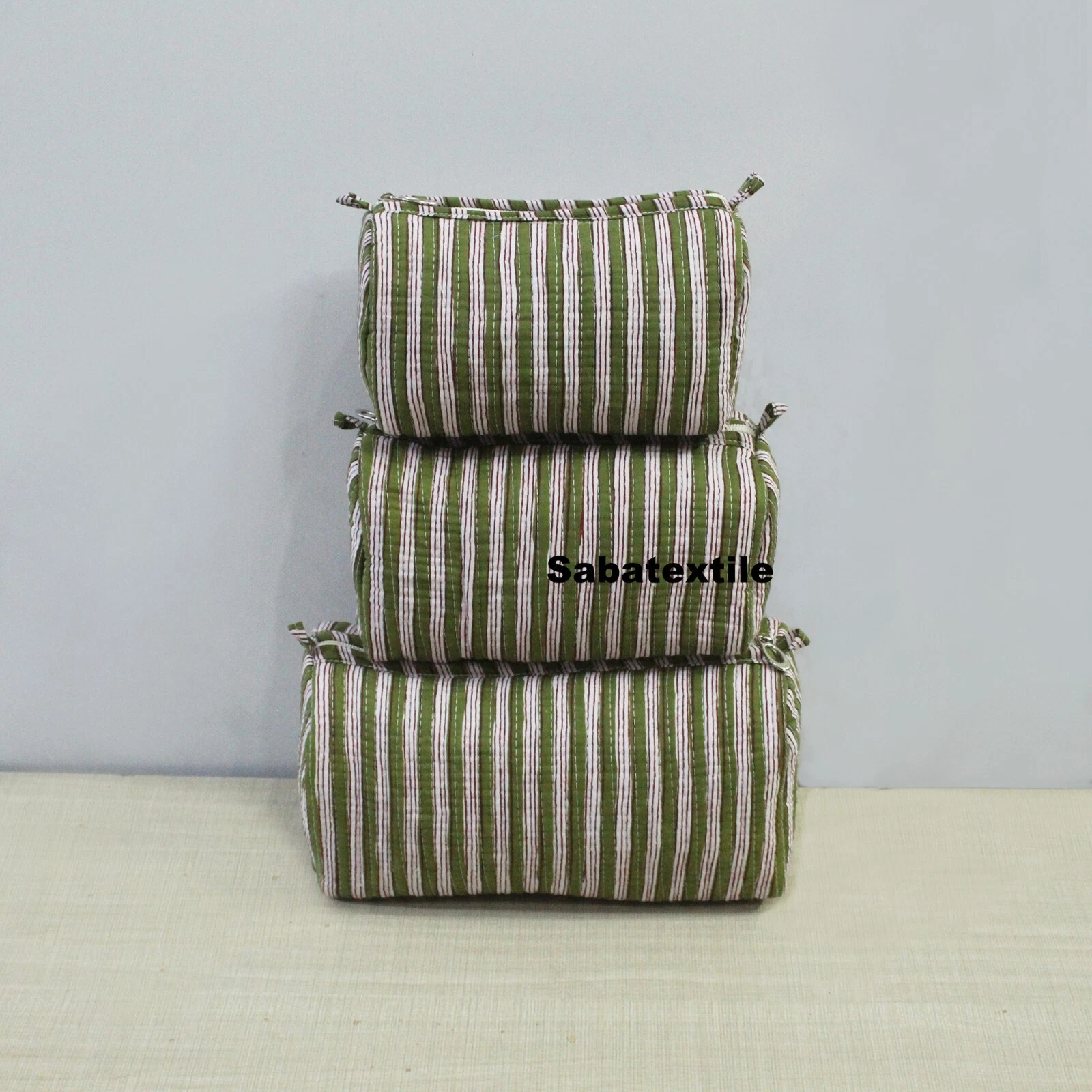 Indian Green Striped Print Toiletry Bag Unisex Makeup Bag Waterproof 3 Pcs. Set