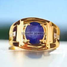 Blue Sapphire Oval Cut With 925 Sterling Silver Gold Plated Ring For Men #A259 *