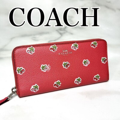 【Cherry】 Coach Slim Accordion Zip Clutch Long Wallet Cherry Print Pink
